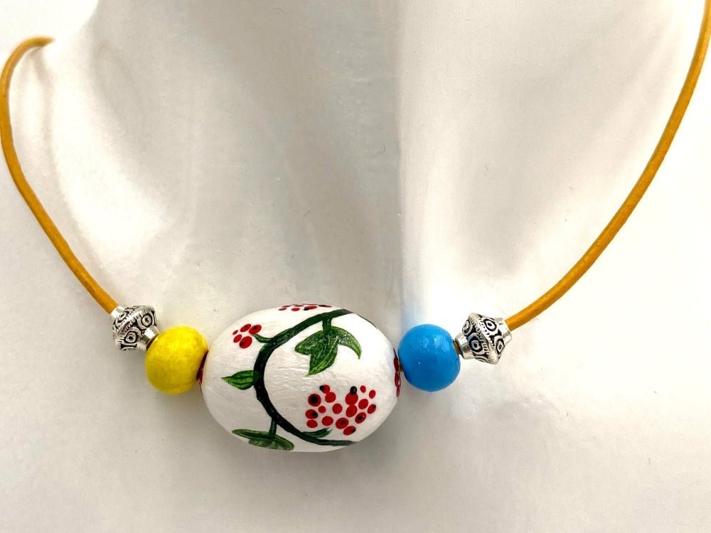 Necklace from hand painted wooden beads crafted in Boho style with beads in colors of Ukrainian flag - Ornamentico shop
