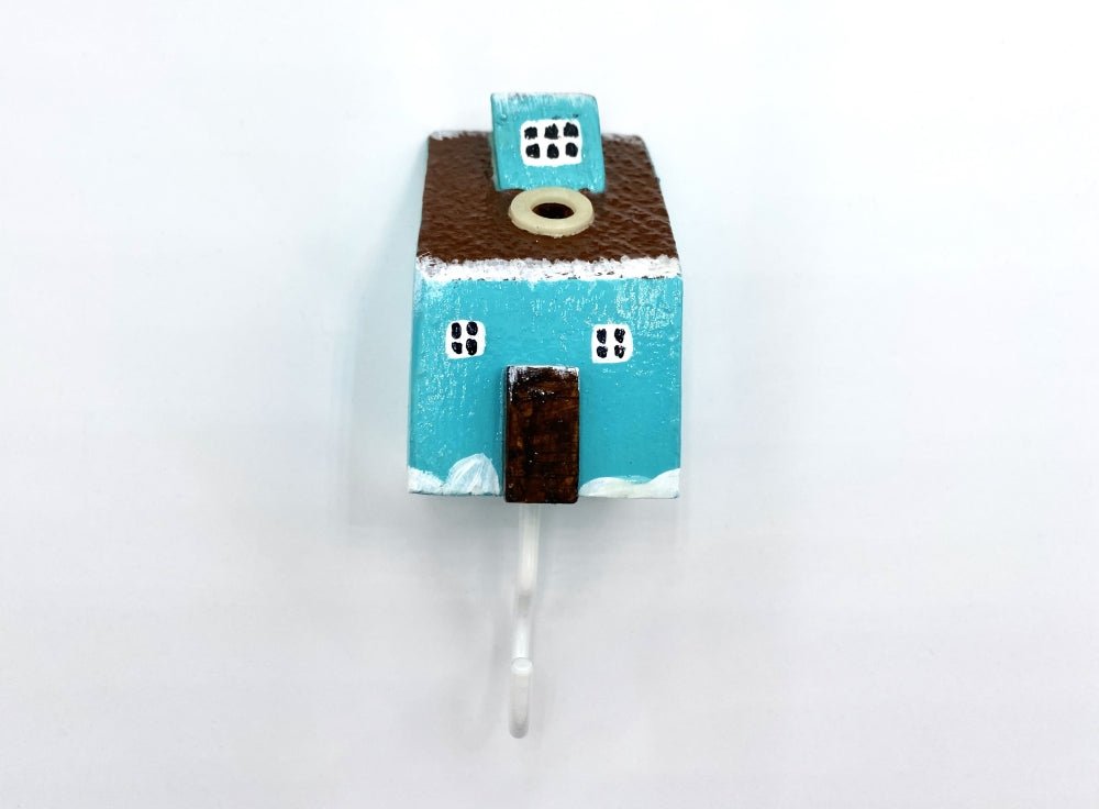 Handmade wall-mounted wooden hook in the shape of a turquoise house - Ornamentico shop