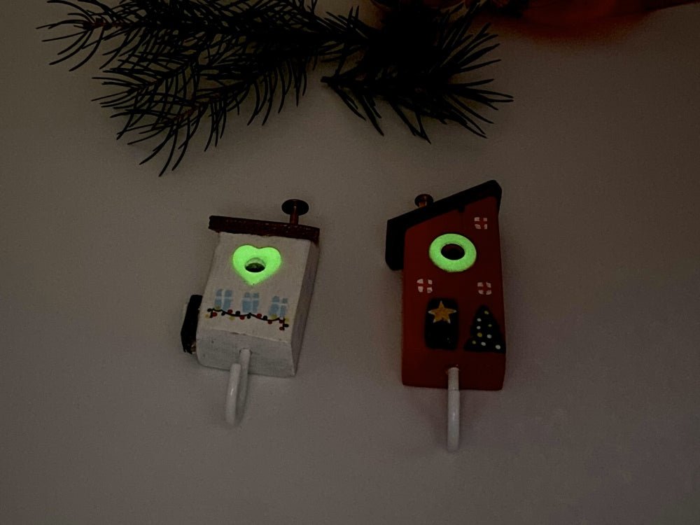 Two handmade wooden painted hooks in the shape of decorated houses - Ornamentico shop