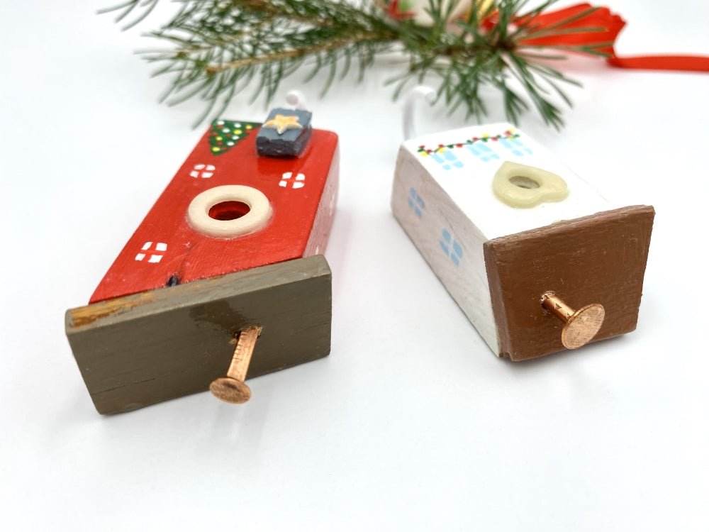 Two handmade wooden painted hooks in the shape of decorated houses - Ornamentico shop