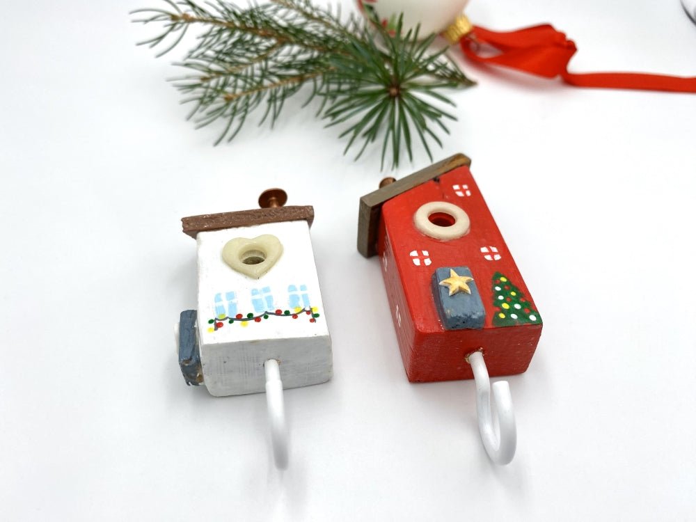 Two handmade wooden painted hooks in the shape of decorated houses - Ornamentico shop