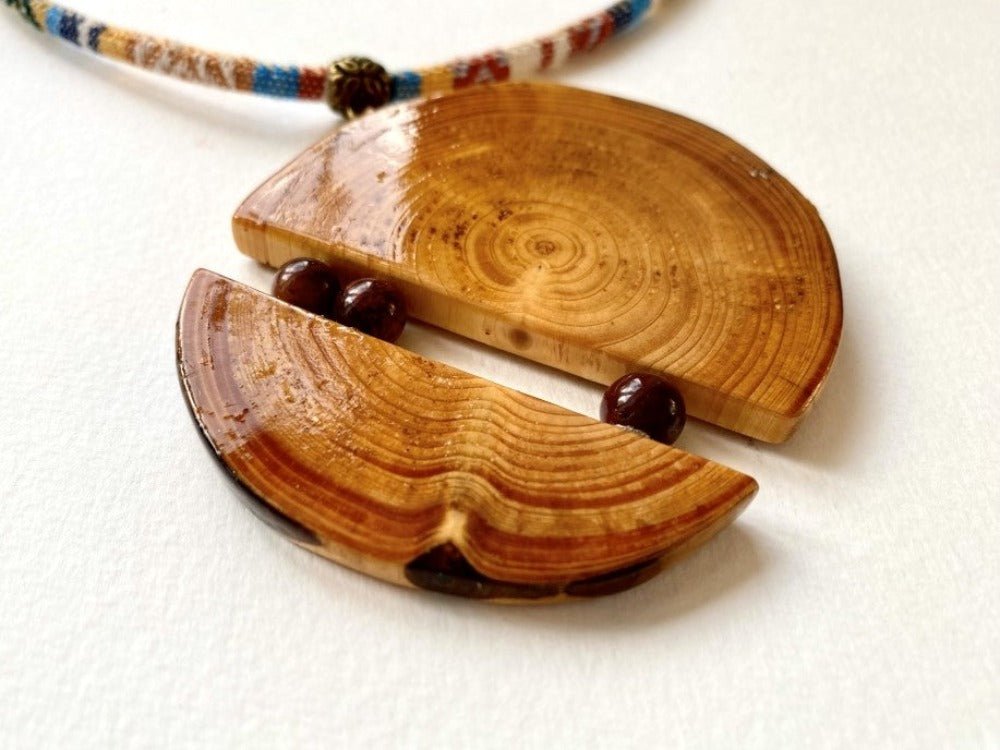 Unique large wooden pendant with mookait beads made from carefully polished wood - Ornamentico shop