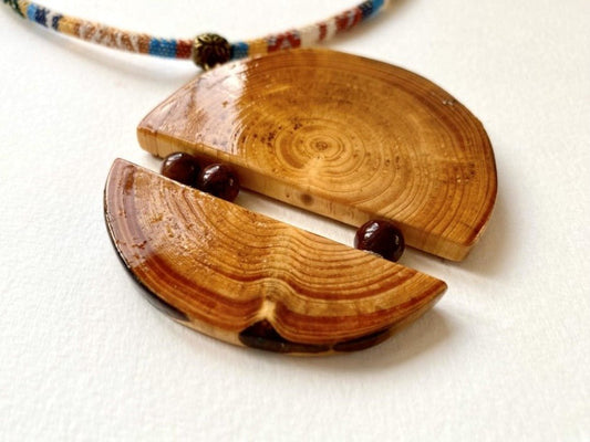Unique large wooden pendant with mookait beads made from carefully polished wood - Ornamentico shop