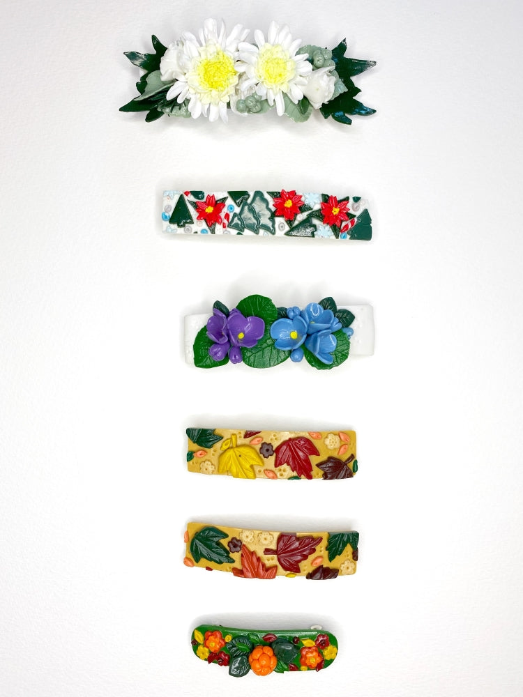 Handmade hair barrettes decorated with polymer clay flowers, leaves and berries - Ornamentico shop