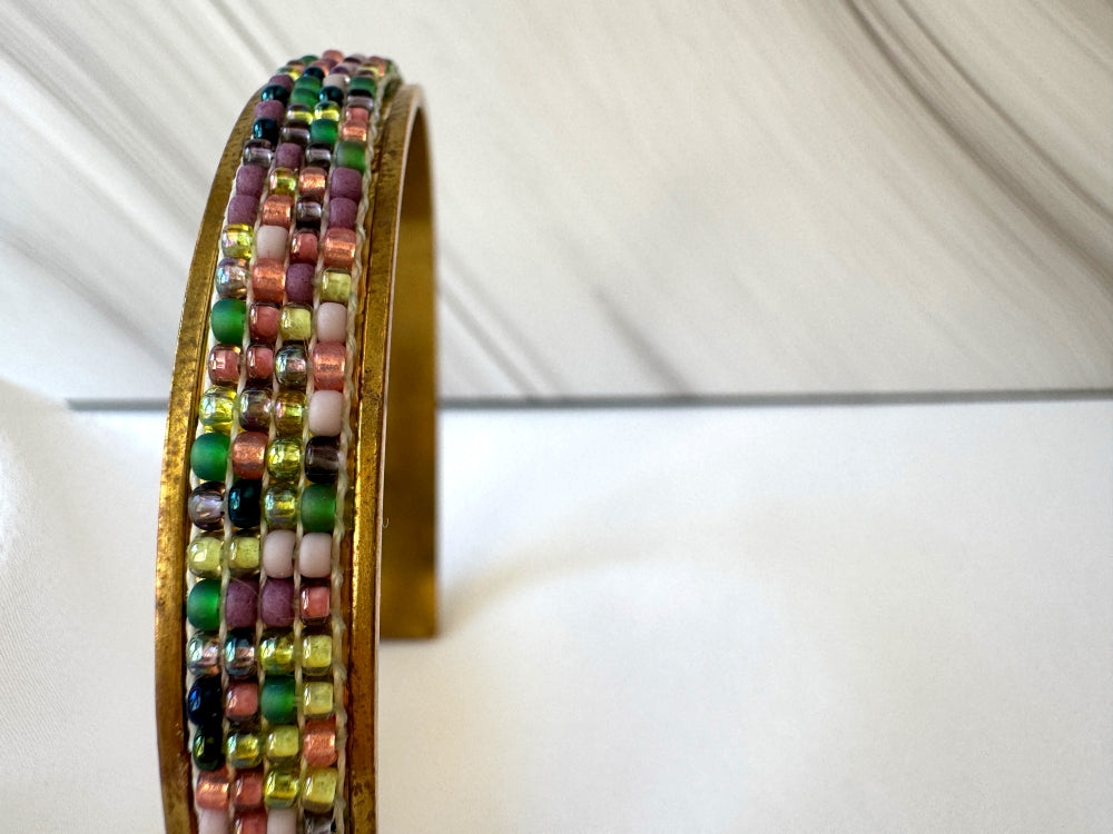 Handmade Indian Corn cuff bracelet with a loom-woven Toho bead inlay inspired by colorful Glass Gem corn on an adjustable brass base - Ornamentico shop