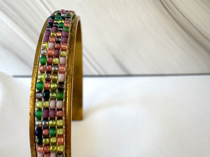 Handmade Indian Corn cuff bracelet with a loom-woven Toho bead inlay inspired by colorful Glass Gem corn on an adjustable brass base - Ornamentico shop