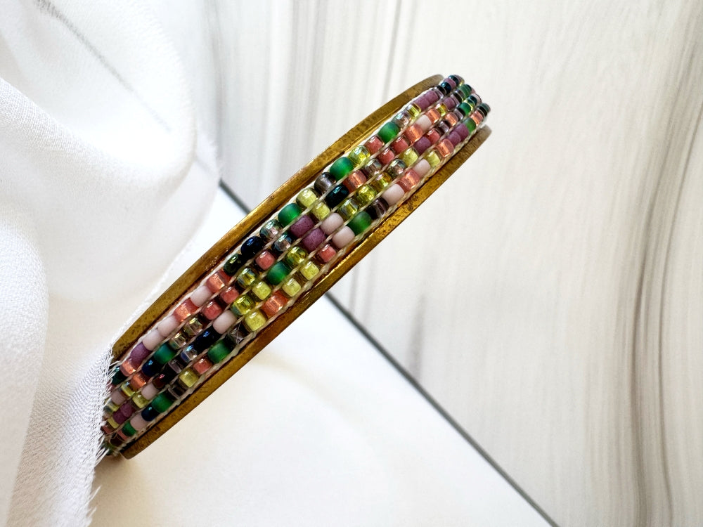 Handmade Indian Corn cuff bracelet with a loom-woven Toho bead inlay inspired by colorful Glass Gem corn on an adjustable brass base - Ornamentico shop