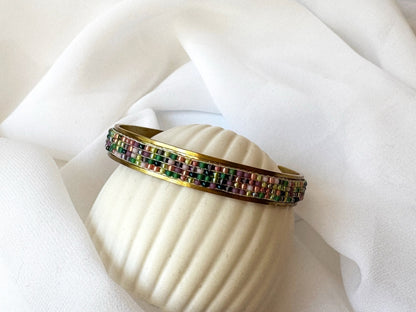 Handmade Indian Corn cuff bracelet with a loom-woven Toho bead inlay inspired by colorful Glass Gem corn on an adjustable brass base - Ornamentico shop