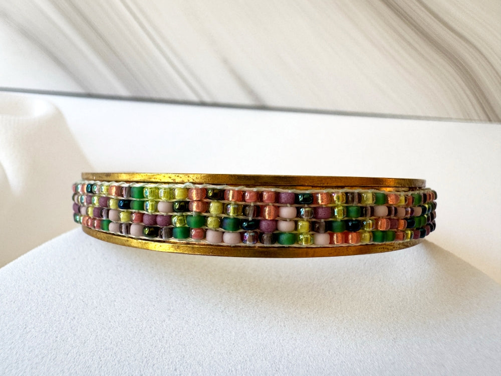 Handmade Indian Corn cuff bracelet with a loom-woven Toho bead inlay inspired by colorful Glass Gem corn on an adjustable brass base - Ornamentico shop