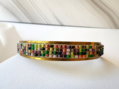 Handmade Indian Corn cuff bracelet with a loom-woven Toho bead inlay inspired by colorful Glass Gem corn on an adjustable brass base - Ornamentico shop
