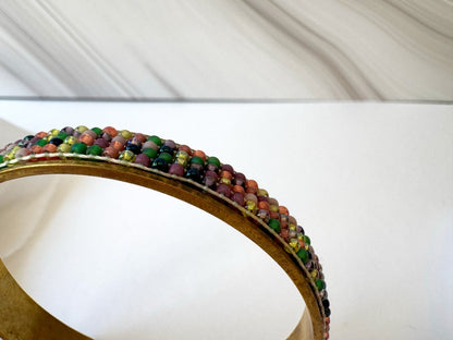 Handmade Indian Corn cuff bracelet with a loom-woven Toho bead inlay inspired by colorful Glass Gem corn on an adjustable brass base - Ornamentico shop