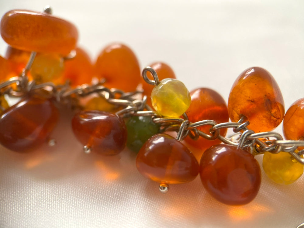 Handmade bracelet from amber, nephrite and agate stones "Golden harvest" - Ornamentico shop