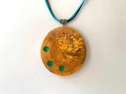 Large handmade wooden pendant with three asymmetric inlays made from polymer clay and imitating malachite - Ornamentico shop
