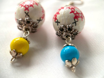 Delicate earrings from hand painted wooden beads "Embroidery" crafted in colors of Ukrainian flag- Ornamentico shop