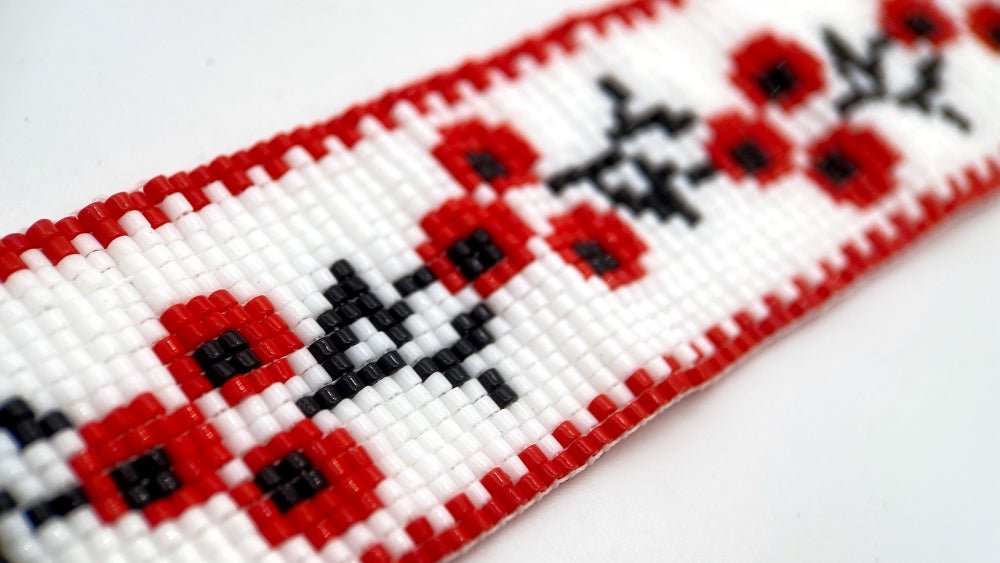 Handmade woven soft bracelet from Miyuki beads inspired by traditional Ukrainian cross-stitch ornaments