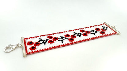 Handmade woven soft bracelet from Miyuki beads inspired by traditional Ukrainian cross-stitch ornaments