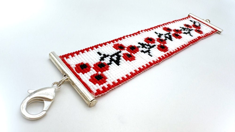 Handmade woven soft bracelet from Miyuki beads inspired by traditional Ukrainian cross-stitch ornaments