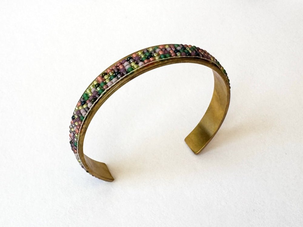 Handmade Indian Corn cuff bracelet with a loom-woven Toho bead inlay inspired by colorful Glass Gem corn on an adjustable brass base - Ornamentico shop