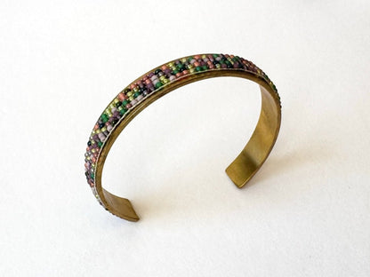 Handmade Indian Corn cuff bracelet with a loom-woven Toho bead inlay inspired by colorful Glass Gem corn on an adjustable brass base - Ornamentico shop