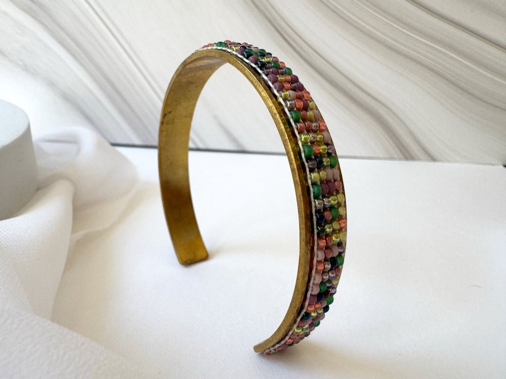 Handmade Indian Corn cuff bracelet with a loom-woven Toho bead inlay inspired by colorful Glass Gem corn on an adjustable brass base - Ornamentico shop