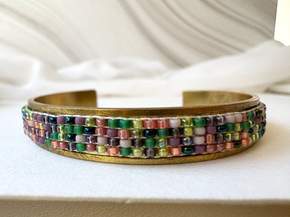 Handmade Indian Corn cuff bracelet with a loom-woven Toho bead inlay inspired by colorful Glass Gem corn on an adjustable brass base - Ornamentico shop