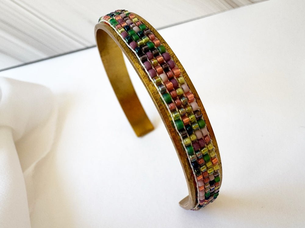 Handmade Indian Corn cuff bracelet with a loom-woven Toho bead inlay inspired by colorful Glass Gem corn on an adjustable brass base - Ornamentico shop