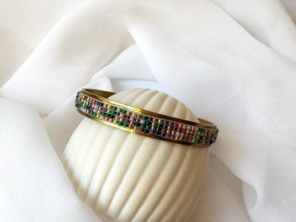 Handmade Indian Corn cuff bracelet with a loom-woven Toho bead inlay inspired by colorful Glass Gem corn on an adjustable brass base - Ornamentico shop