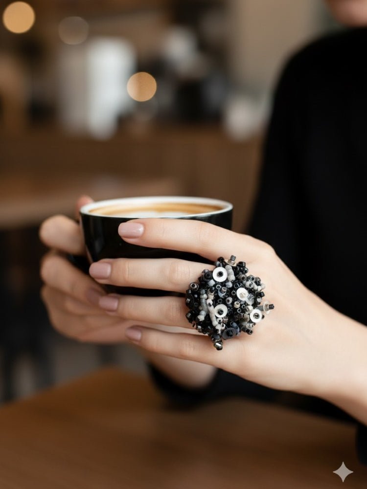 Handmade volume-beaded statement ring with floral design in classic black tones - Ornamentico shop
