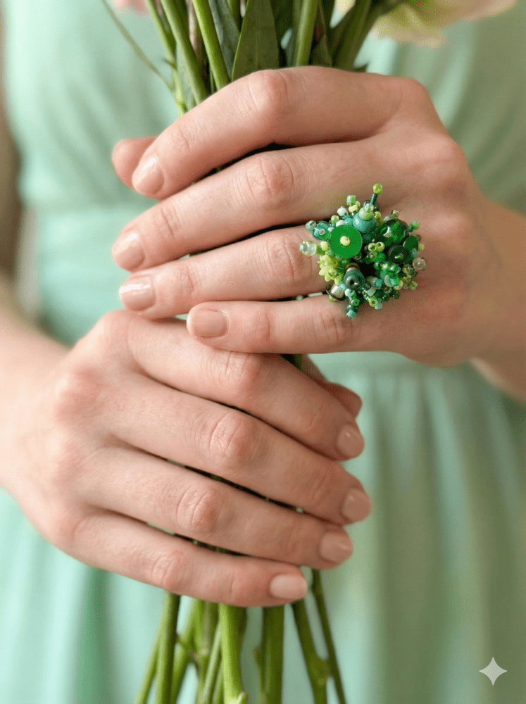 Handmade volume-beaded statement ring with floral design in a variety of green hues - Ornamentico shop