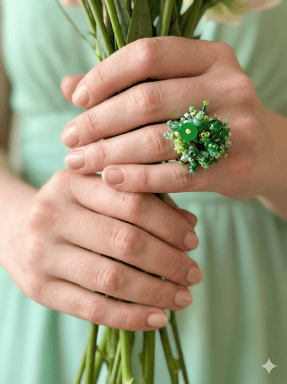 Handmade volume-beaded statement ring with floral design in a variety of green hues - Ornamentico shop