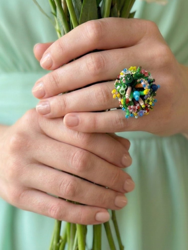 Handmade statement beaded ring with volume beadwork in floral green and multicolor tones - Ornamentico shop