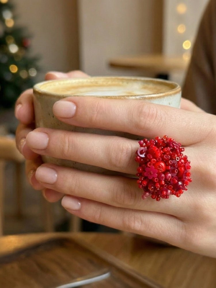 Handmade volume-beaded statement ring with floral design, polymer clay & sequins in red hues - Ornamentico shop