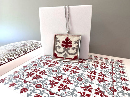 Unique hand embroidered pendant inspired by Barcelona tiles, set in custom silver frame - Ornamentico shop