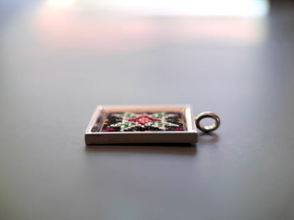 Unique hand embroidered pendant in oriental design inspired by traditional Turkish carpets and set in custom silver frame - Ornamentico shop
