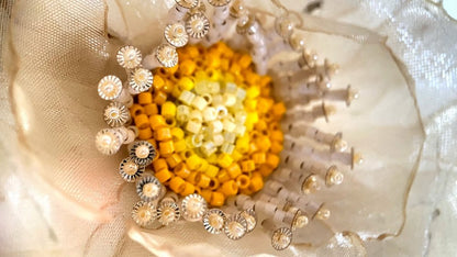 Handmade floral hair barrette crafted from organza fabric and decorated with beaded flower center and stamens