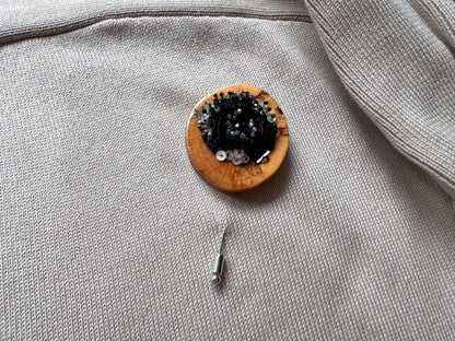 Handmade pin brooch with black velvet floral beadwork on polished beechwood - Ornamentico shop