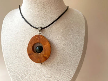 Small handmade wooden pendant with an obsidian bead - Ornamentico shop 