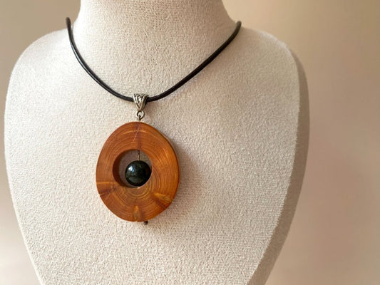 Small handmade wooden pendant with an obsidian bead - Ornamentico shop 