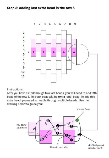 Preview of a beading pattern for the creation of a small beaded charm in the shape of a heart made in peyote stitch technique