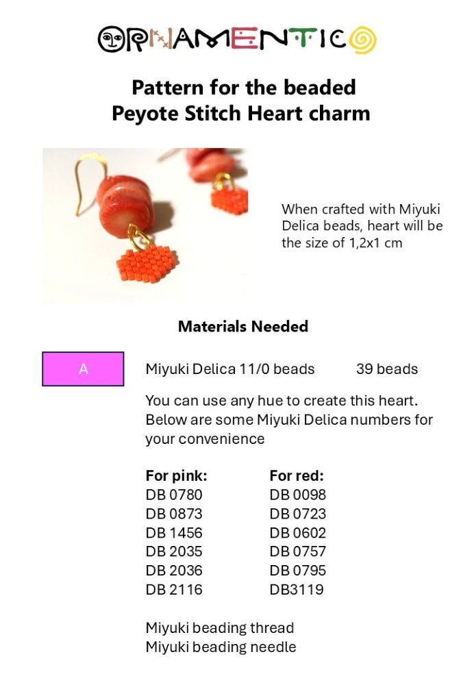 Preview of a beading pattern for the creation of a small beaded charm in the shape of a heart made in peyote stitch technique