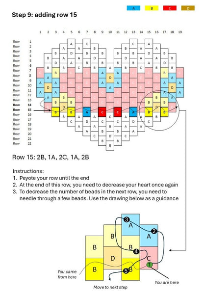 Preview of the beading scheme for creation of small heart-shaped pendant crafted with Miyuki Delica beads in peyote stitch technique