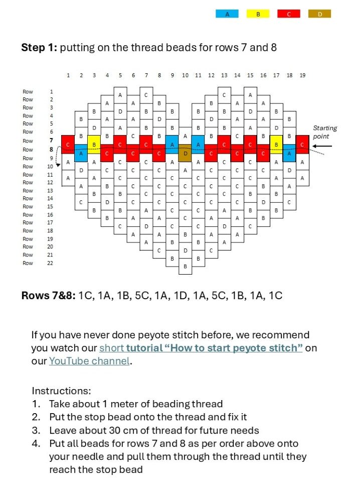 Preview of the beading scheme for creation of small heart-shaped pendant crafted with Miyuki Delica beads in peyote stitch technique