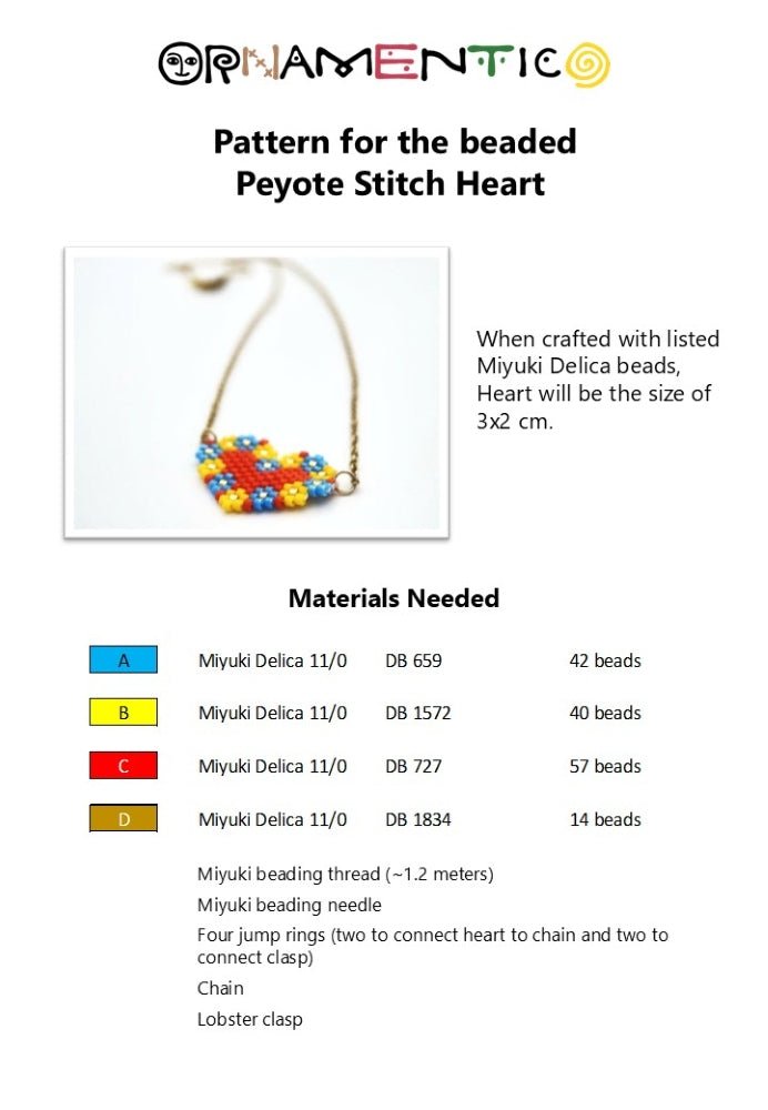 Preview of the beading scheme for creation of small heart-shaped pendant crafted with Miyuki Delica beads in peyote stitch technique