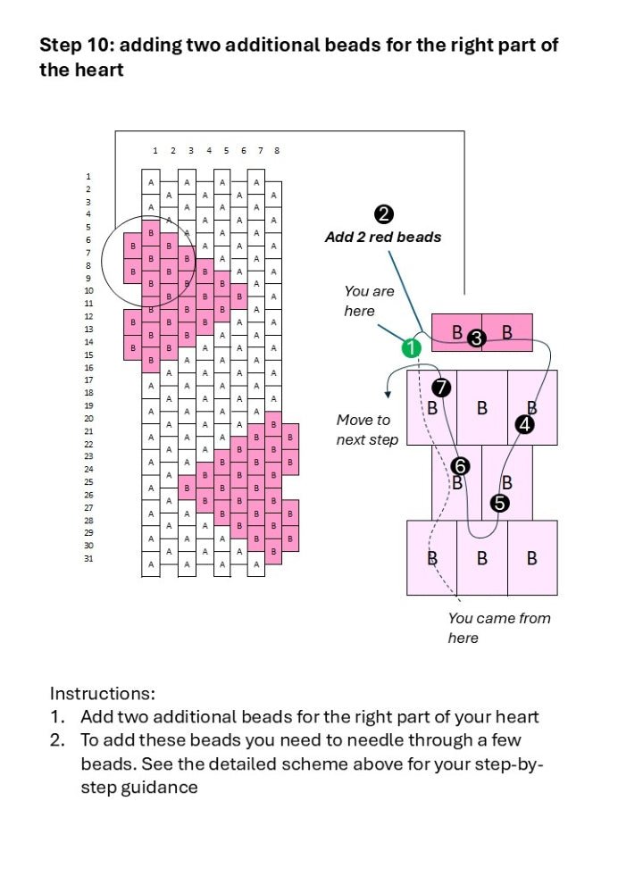 Preview of the beading pattern for creation of a beaded bracelet made in peyote stitch technique featuring bright red hearts standing out from bracelet's edge