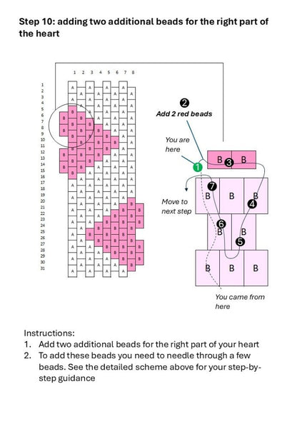 Preview of the beading pattern for creation of a beaded bracelet made in peyote stitch technique featuring bright red hearts standing out from bracelet's edge