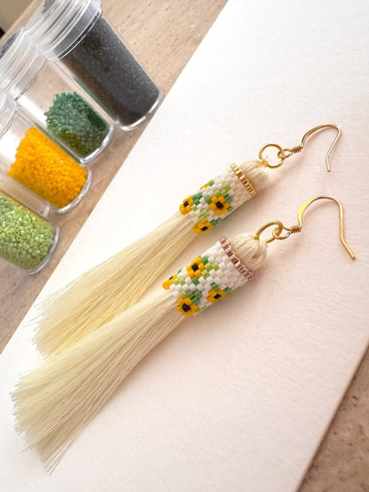 Tassel earrings with beaded element crafted in peyote stitch technique fearing bright sunflower ornament