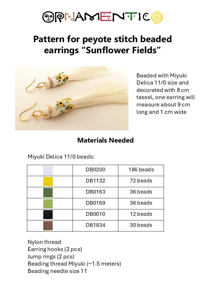 Preview of a jewelry beading pattern for creating of Sunflower Tassel earrings featuring bright beaded element made in peyote stitch technique