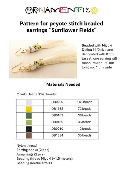 Preview of a jewelry beading pattern for creating of Sunflower Tassel earrings featuring bright beaded element made in peyote stitch technique