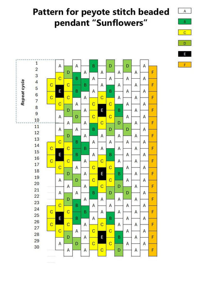 Preview of a jewelry beading pattern for creating of Sunflower Tassel earrings featuring bright beaded element made in peyote stitch technique