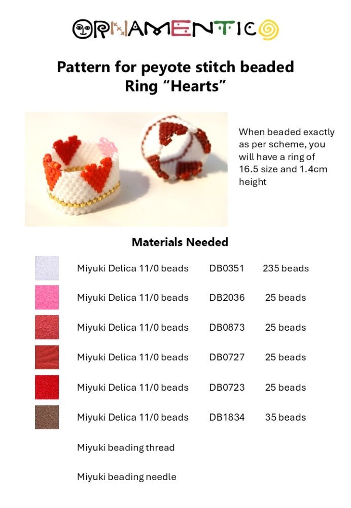 Preview of the beading pattern for creating a ring in a peyote stitch technique with design featuring bright hearts standing out of the ring's edge